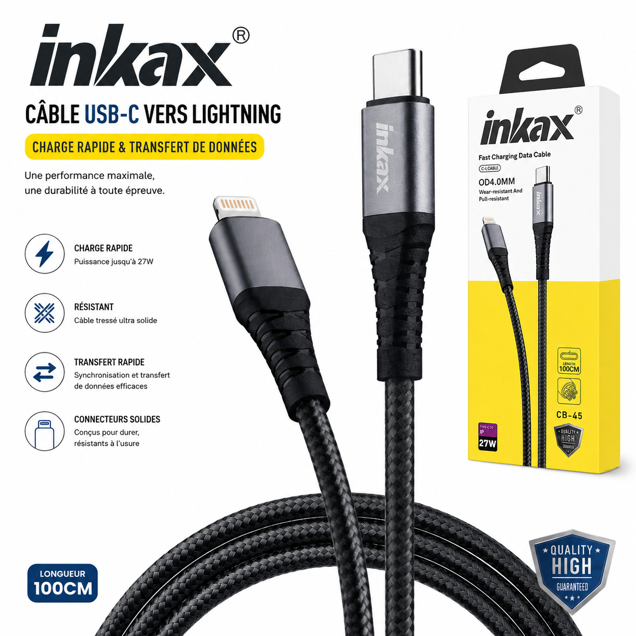 Câble INKAX USB-C vers Lightning – Charge Rapide 27W – 1 Mètre