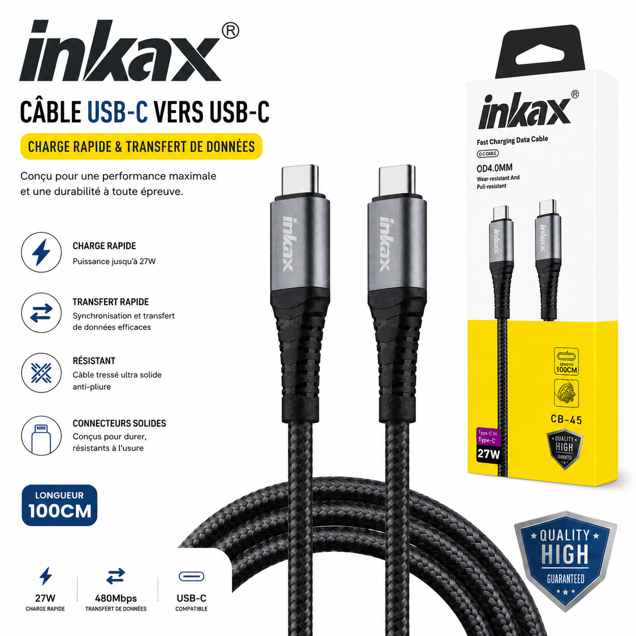 Câble INKAX USB-C vers USB-C – Charge Rapide 27W – 1 Mètre