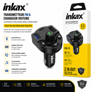 Transmetteur FM Bluetooth INKAX CM-12 – Chargeur Voiture & Kit Mains Libres